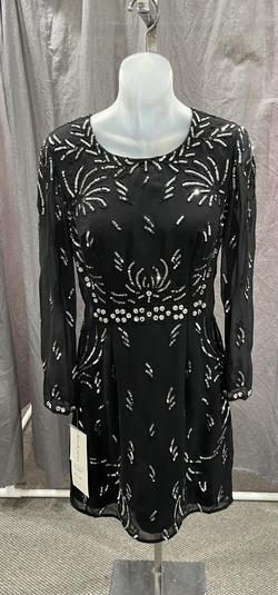 Kim Karan Black Size 6 Midi Shiny Sheer Sleeves Cocktail Dress on Queenly