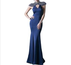 Cinderella Divine Blue Size 8 High Neck Straight Mermaid Dress on Queenly