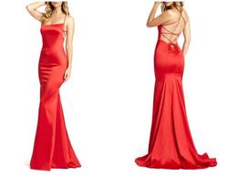 Mac Duggal Red Size 10 Silk Prom Train Square Neck Mermaid Dress on Queenly