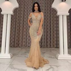 ShinyDressesFashion Nude Size 10 Cap Sleeve Prom Tulle Mermaid Dress on Queenly