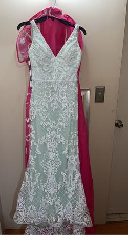 Rachel Allan Blue Size 6 Fitted Lace Light Green Straight Dress on Queenly