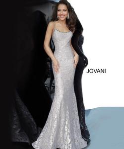 Style 00355 Jovani Silver Size 4 Spaghetti Strap Straight Dress on Queenly