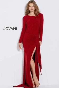 Style 62956 Jovani Red Size 4 Long Sleeve Jersey Side slit Dress on Queenly