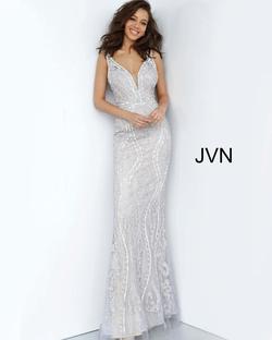 Style JVN03112 Jovani Silver Size 12 Prom Plus Size Plunge Straight Dress on Queenly