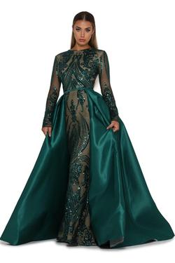 Style PS1705_Long_Sleeves Portia and Scarlett Green Size 2 Pageant High Low Sheer Ball gown on Queenly
