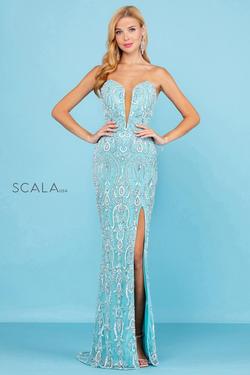 Style 60266 Scala Blue Size 0 Pageant Sheer Side slit Dress on Queenly