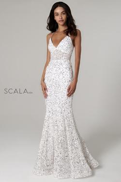 Style 60080 Scala Silver Size 0 Ivory Spaghetti Strap Sequin Straight Dress on Queenly