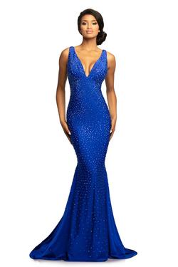 Style 9213 Johnathan Kayne Blue Size 0 Jersey Jewelled Train Mermaid Dress on Queenly