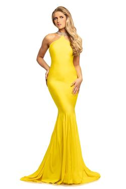 Style 9212 Johnathan Kayne Yellow Size 2 Jersey Sequin Fitted Mermaid Dress on Queenly