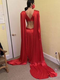 Custom Red Size 2 Showstopper Silk Plunge Side slit Dress on Queenly