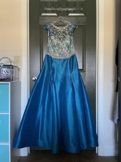 Mac Duggal Blue Size 12 Turquoise Black Tie A-line Dress on Queenly