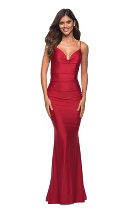 Style 30366 La Femme Red Size 8 Floor Length Straight Dress on Queenly