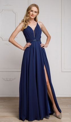 Style SU026 Amelia Couture Blue Size 14 Corset Side slit Dress on Queenly