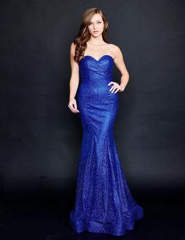 Style 9143 Nina Canacci Blue Size 8 Sequin Strapless Jewelled Straight Dress on Queenly