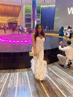 Jovani White Size 4 Floor Length Bridal Shower Bachelorette Feathers Jumpsuit Dress on Queenly