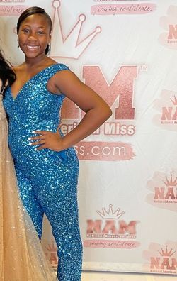Ashley Lauren Blue Size 8 Sequin Sequined Flare Jumpsuit Dress on Queenly