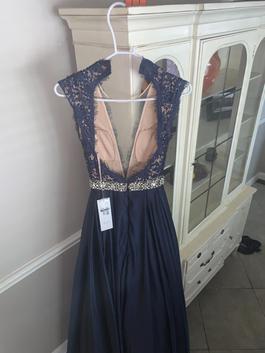 Jovani Blue Size 0 Navy Embroidery Sheer A-line Dress on Queenly