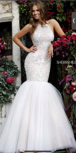 Sherri Hill White Size 4 Tulle Boat Neck Mermaid Dress on Queenly