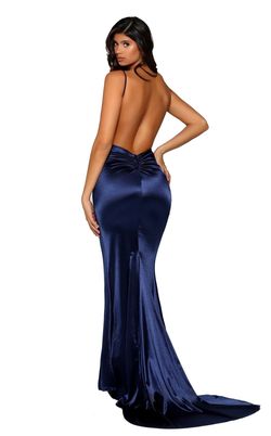 Portia and Scarlett Blue Size 4 V Neck Train Navy Backless Side Slit Mermaid Dress on Queenly