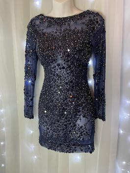 Mac Duggal Blue Size 2 Navy Euphoria Fully-beaded Sheer Cocktail Dress on Queenly
