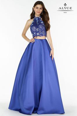 Style 6764 Alyce Paris Blue Size 8 Silk Floor Length Halter Ball gown on Queenly