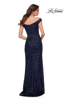 Style 29653 La Femme Navy Blue Size 16 Print Euphoria Side slit Dress on Queenly