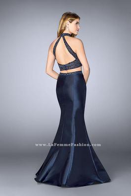Style 24388 La Femme Navy Blue Size 10 Sequin Two Piece Mermaid Dress on Queenly