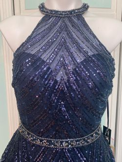 Clarisse Blue Size 10 Tall Height Floor Length Sequined Jewelled Ball gown on Queenly