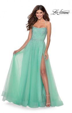 Style Brie La Femme Green Size 6 Corset Spaghetti Strap Prom A-line Side slit Dress on Queenly