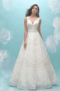 Style 9457 Allure White Size 8 Sheer Floral V Neck A-line Ball gown on Queenly