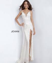 Style 1012 Jovani White Size 2 Floor Length V Neck Prom Side slit Dress on Queenly