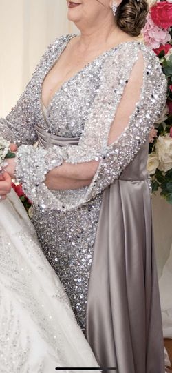 Custom made Silver Size 16 Jewelled Sleeves Side slit Dress on Queenly