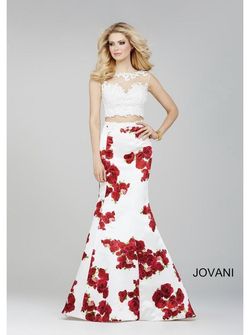 Jovani Red Size 4 Floral Sheer Train $300 Mermaid Dress on Queenly