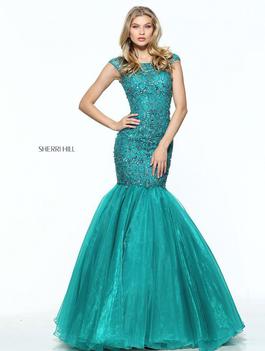Style 51215 Sherri Hill Green Size 8 Halter Prom Jewelled Floor Length Mermaid Dress on Queenly