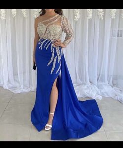 Custom made by designer Blue Size 6 Sleeves Sequin Floor Length Side slit Dress on Queenly