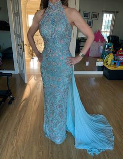 Sherri Hill Blue Size 2 Tall Height Train 50 Off Floor Length Straight Dress on Queenly
