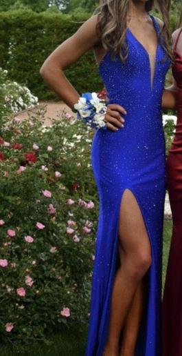 La Femme Blue Size 0 Shiny Cut Out Fully-beaded $300 Winter Formal Cocktail Dress on Queenly