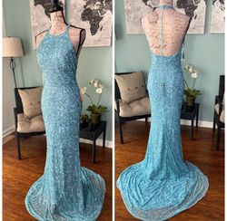 Sherri Hill Blue Size 4 High Neck Mermaid Dress on Queenly