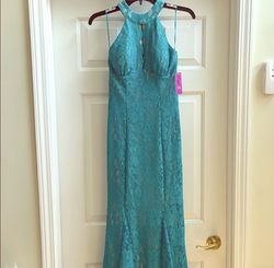 Morgan and Co Blue Size 2 Lace Turquoise Shiny Mermaid Dress on Queenly