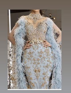 Custom made Blue Size 0 Belt Feathers Straight Dress on Queenly