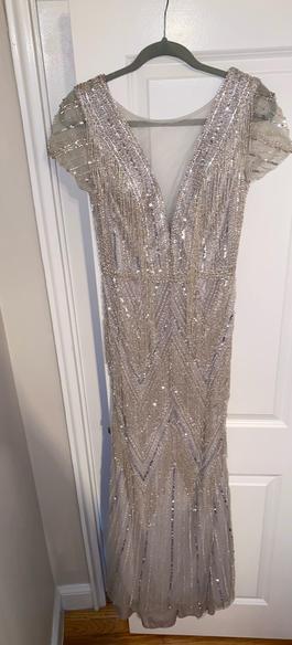 Custom Couture Silver Size 8 Sheer Fringe A-line Dress on Queenly