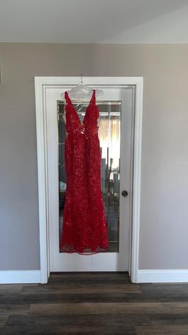 Jovani Red Size 10 Plunge Sheer A-line Dress on Queenly