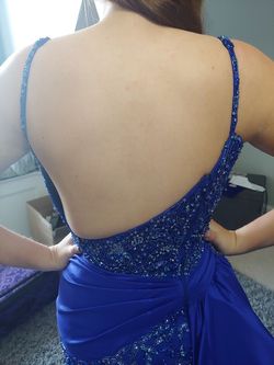 Sherri Hill Blue Size 6 Backless Jewelled Straight Train Dress on Queenly