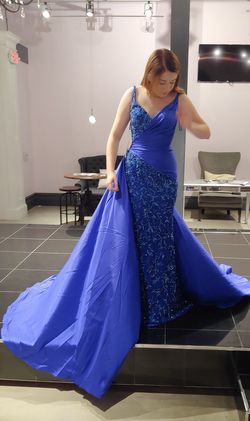 Sherri Hill Blue Size 6 Floor Length Custom Overskirt Train Dress on Queenly