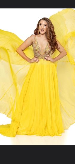 Jovani Yellow Size 4 Tulle V Neck Shiny A-line Dress on Queenly