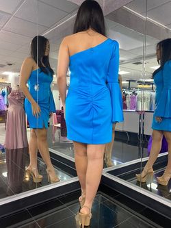 Style 50038 Rachel Allan Blue Size 8 Sorority Formal Sleeves Cocktail Dress on Queenly