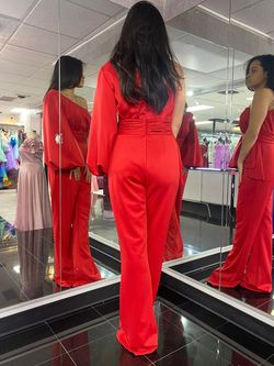 Style 50108 Rachel Allan Red Size 10 Long Sleeve Jumpsuit Dress on Queenly
