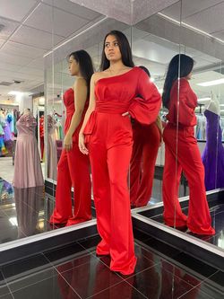 Style 50108 Rachel Allan Red Size 10 One Shoulder Jumpsuit Dress on Queenly