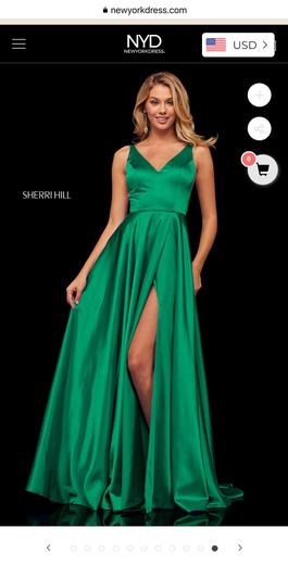 Sherri Hill Green Size 12 Floor Length Emerald Side slit Dress on Queenly