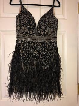 Jovani Black Size 4 Feather Midi Cocktail Dress on Queenly